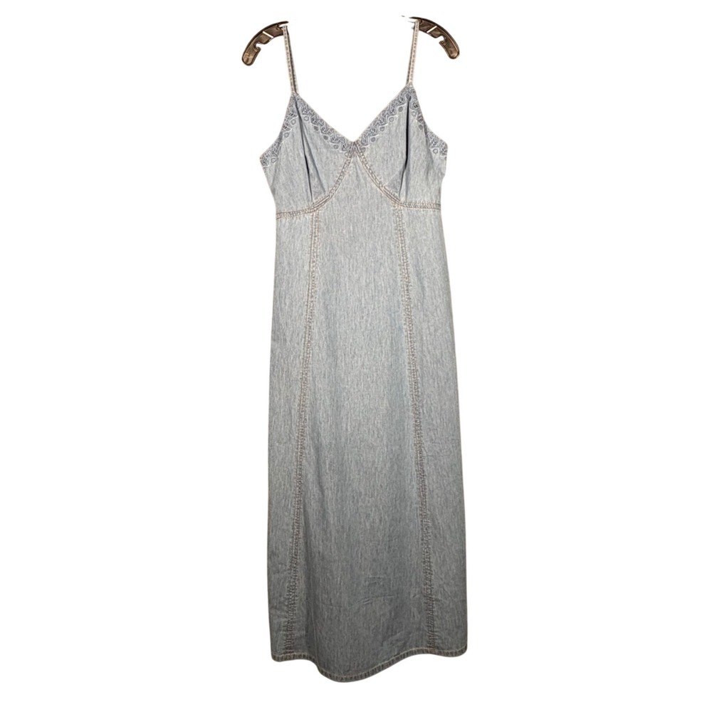 Jade Johnny Was Denim Embroidered V-Neck Midi Dress Small Light Wash Boho